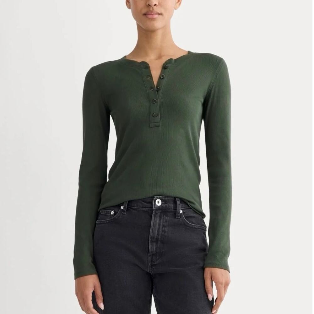NWOT Everlane The Luxe Rib Long-Sleeve Slim-Fit Henley Dark Forest Green Medium